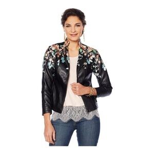 Colleen Lopez Black Floral Embroidered Faux Leather Moto Jacket Small